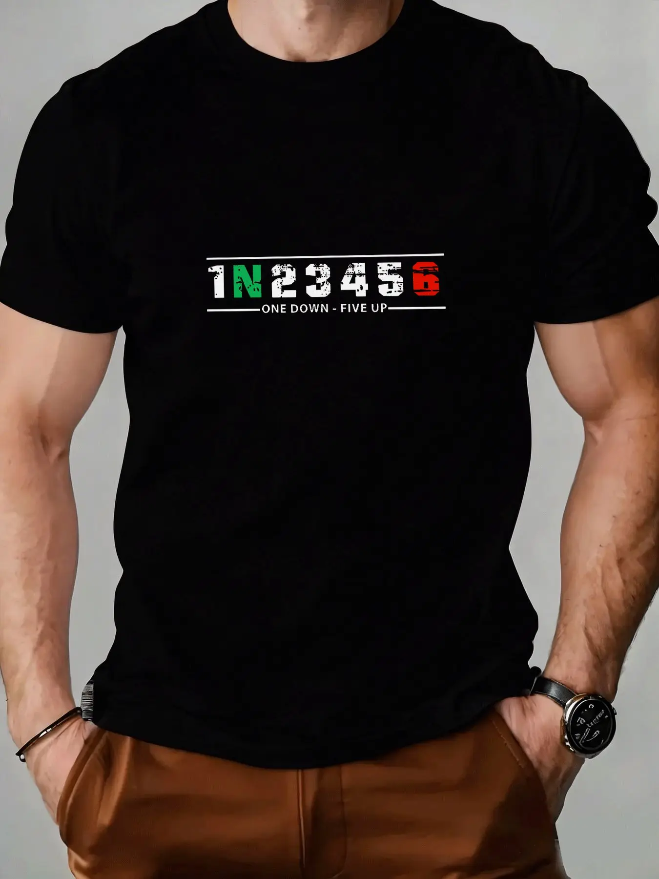 Motorcycle Gear Up Down - เสื้อยืดผู้ชาย 1N23456 ลายกราฟิกเกียร์มอเตอร์ไซค์ พร้อมคำขวัญไบค์เกอร์ คอกลม แขนสั้น