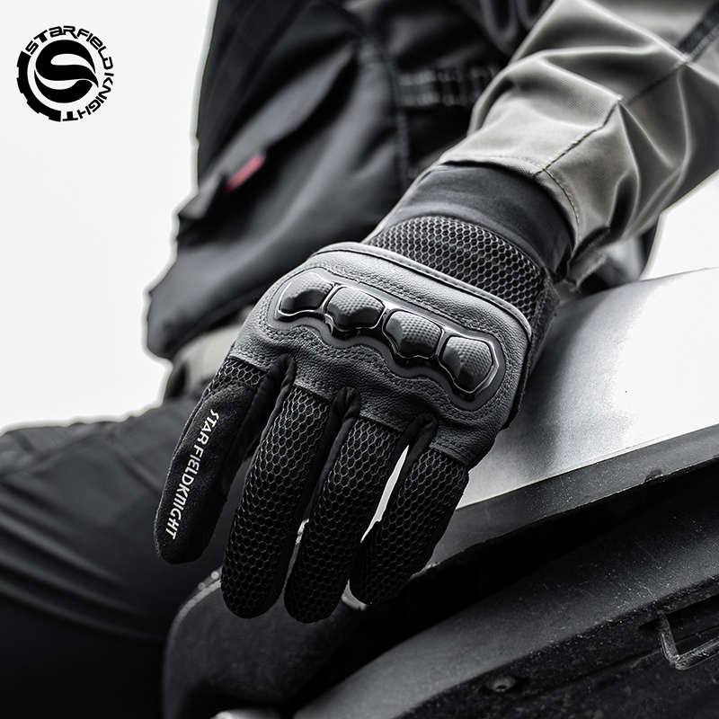 Motorcycle Wearing Gear - ถุงมือมอเตอร์ไซค์สีดำ Star Field Knight อุปกรณ์ป้องกันข้อต่อสำหรับการขับขี่ ระบายอากาศด้วยตาข่ายสำหรับฤดูร้อน
