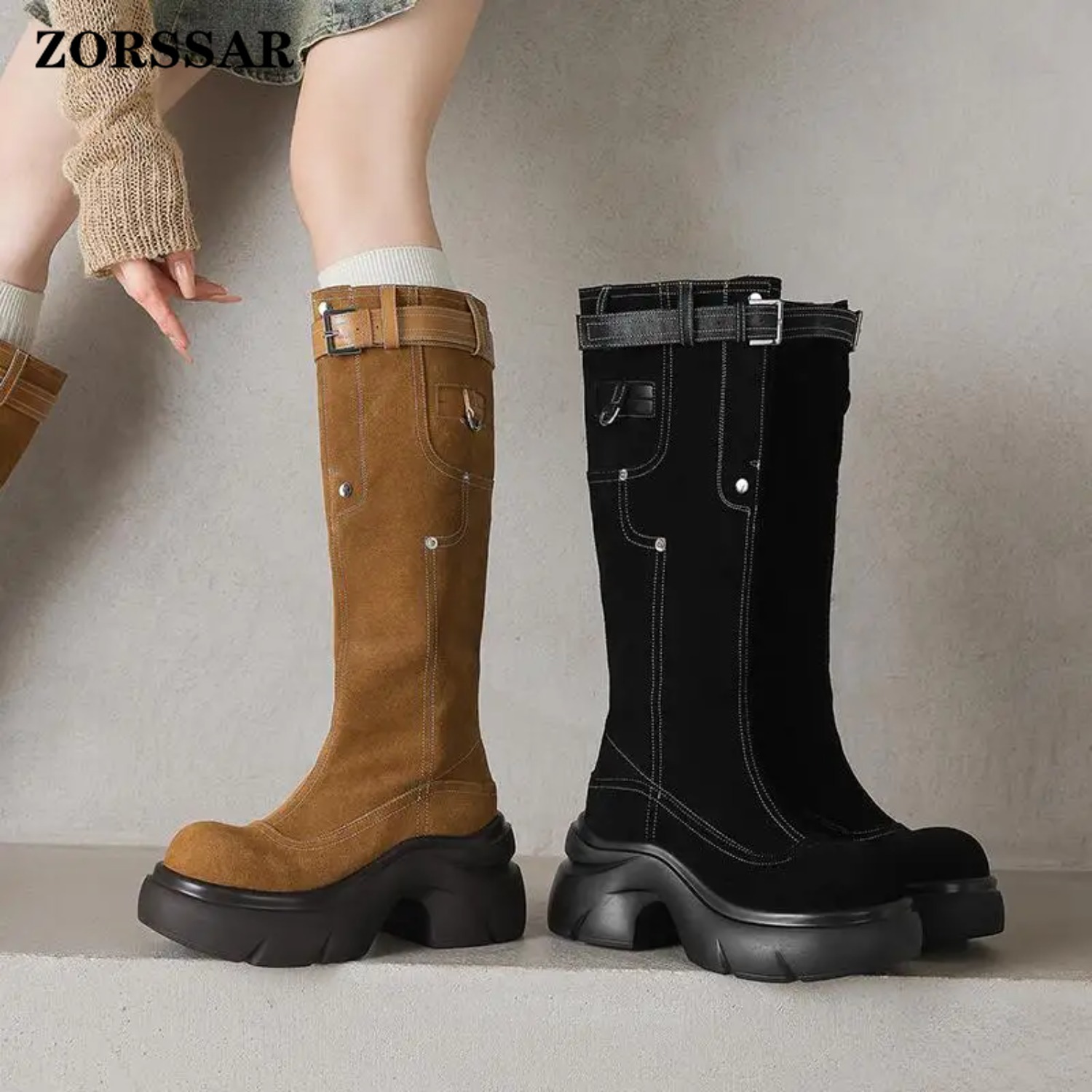 Riding Boot Short - รองเท้าบูท ZORSSAR หนังวัวนูบัค หัวมน พื้นหนา ลายเสือดาว