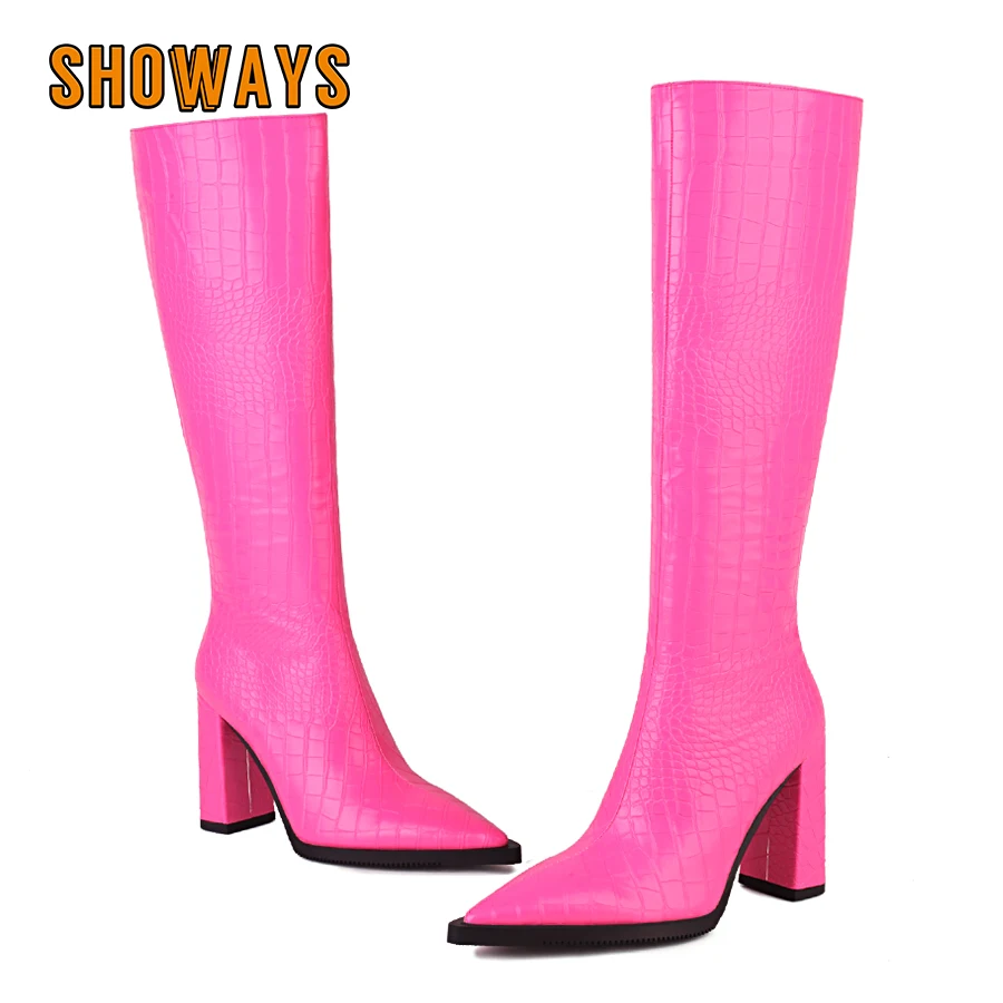 Riding Boot Short - หนังจระเข้Fauxผู้หญิงเข่ารองเท้าบูทสูงPointed Toeส้นสีดําRosy Party Office LadyกระชับฤดูหนาวPlushรองเท้าบูทยาว