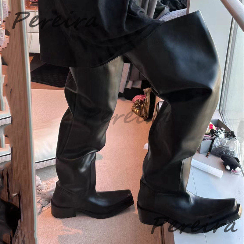Riding Boot Short - รองเท้าบูทหุ้มข้อหนาสำหรับผู้ชายและผู้หญิง หนังสีดำ หัวเหลี่ยม สวมแบบสลิปออน รองเท้าบูทสไตล์อัศวิน แฟชั่นฤดูใบไม้ร่วงและฤดูหนาว